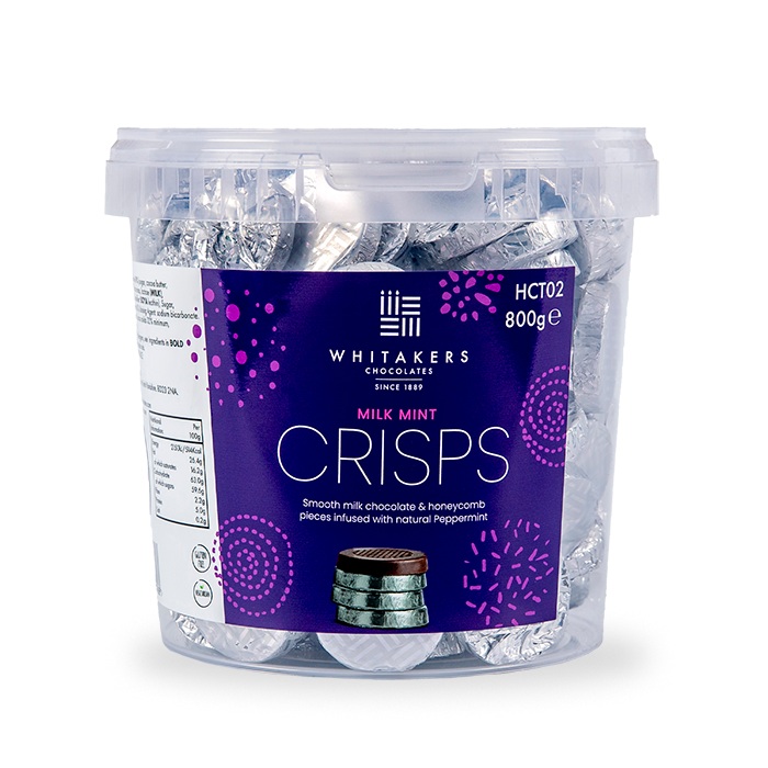 silver foiled milk mint and honeycomb crisps packed in 800g clear tubs