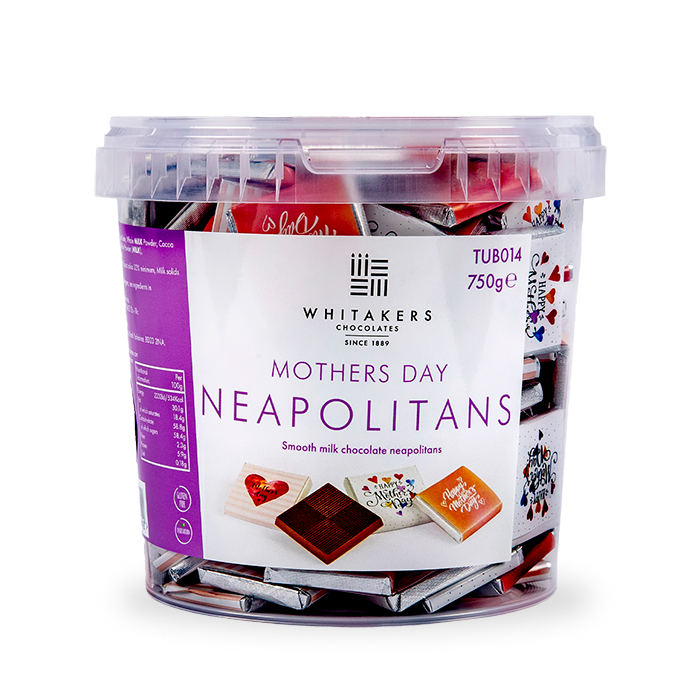 Milk Chocolate Neapolitans, each piece lovingly wrapped in Luxury foil and adorned with a full-colour paper wrapper celebrating Mother's Day.  This special bulk tub contains 150 individually wrapped chocolates