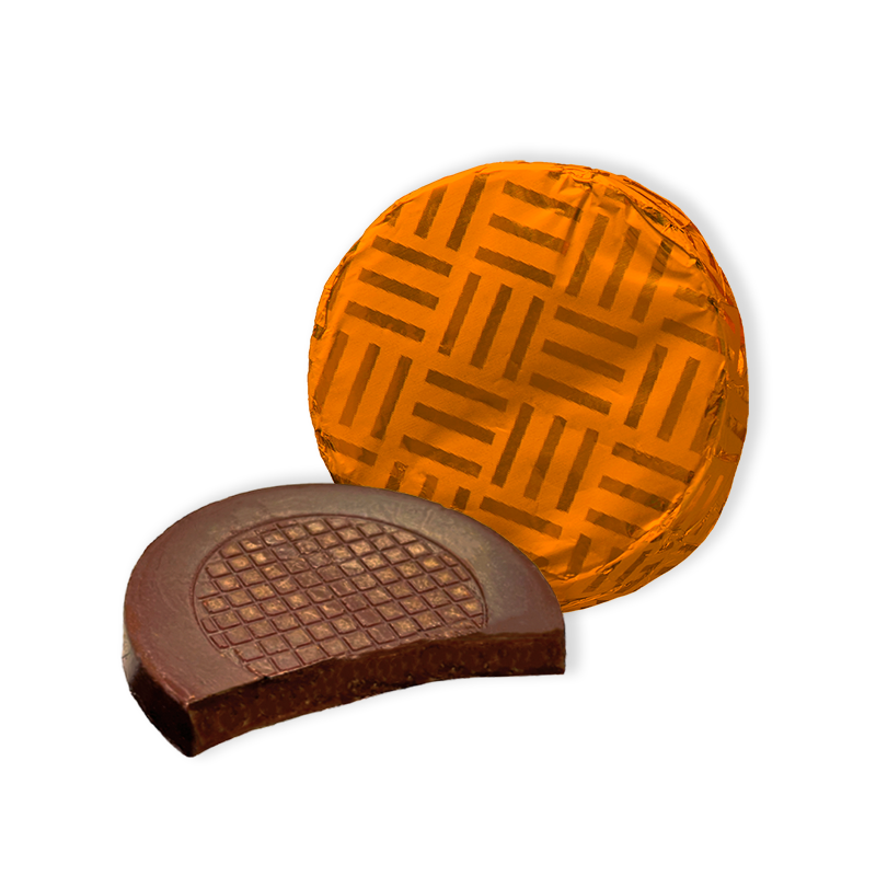 Orange foiled Dark Chocolate Crisps, infused with orange oil and complemented by the satisfying texture of crunchy sugar crystal pieces