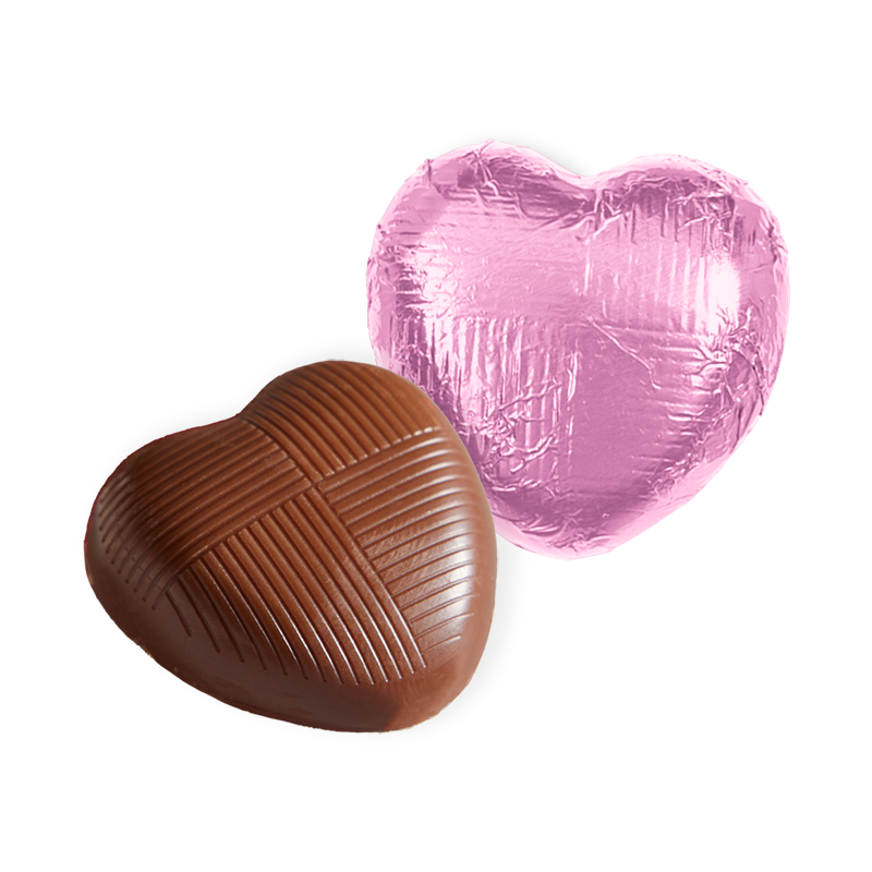 milk chocolate hearts individually wrapped in pink foil packed in 1kg tubs