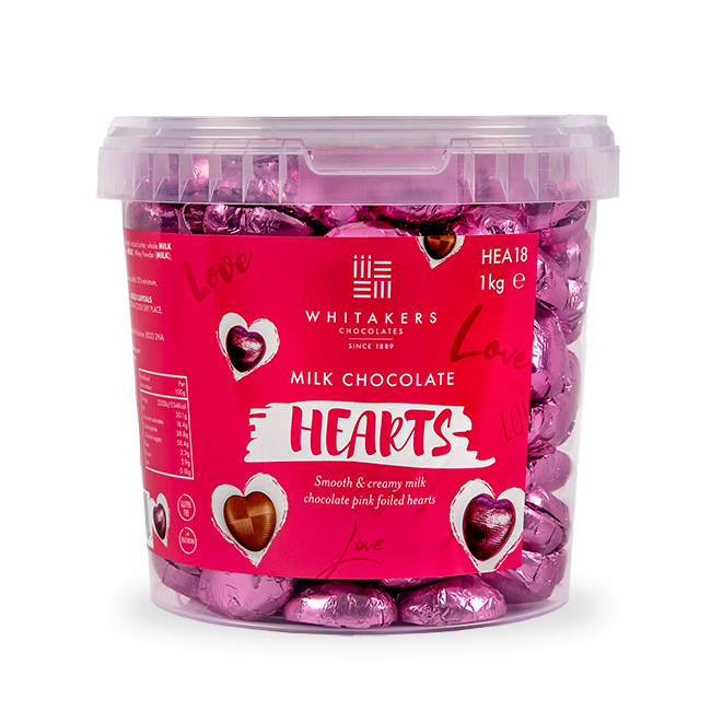 milk chocolate hearts individually wrapped in pink foil packed in 1kg tubs