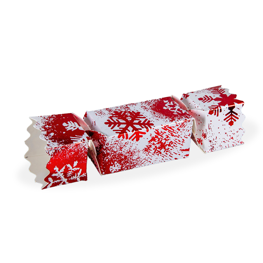 Petite Red & White Snowflake Chocolate Christmas Cracker Gift Box. This charming gift box is designed to resemble a traditional Christmas cracker. Each cracker is elegantly foil blocked in red and adorned with an attractive snowflake pattern. Inside, discover four delicious fondant creams, each one richly flavoured with Irish Cream and encased in luxurious dark chocolate
