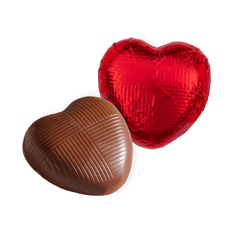 milk chocolate hearts individually wrapped in red foil packed in 1kg boxes