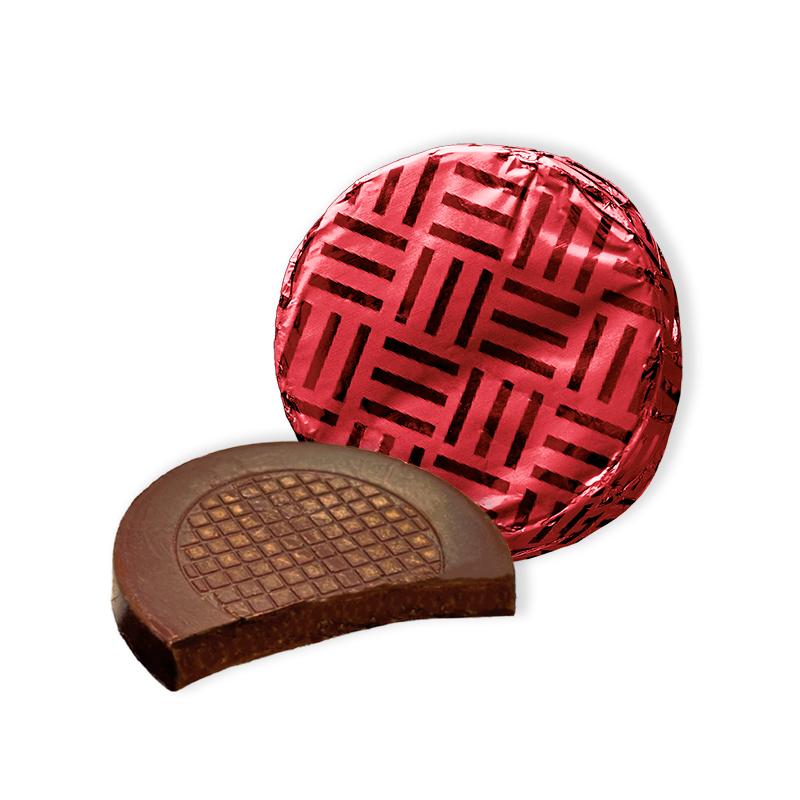 Dark chocolate discs individually wrapped in red foil packed in 1.8kg bulk boxes
