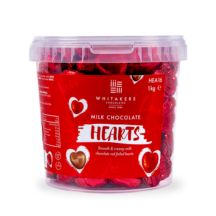 milk chocolate hearts individually wrapped in red foil packed in 1kg tubs