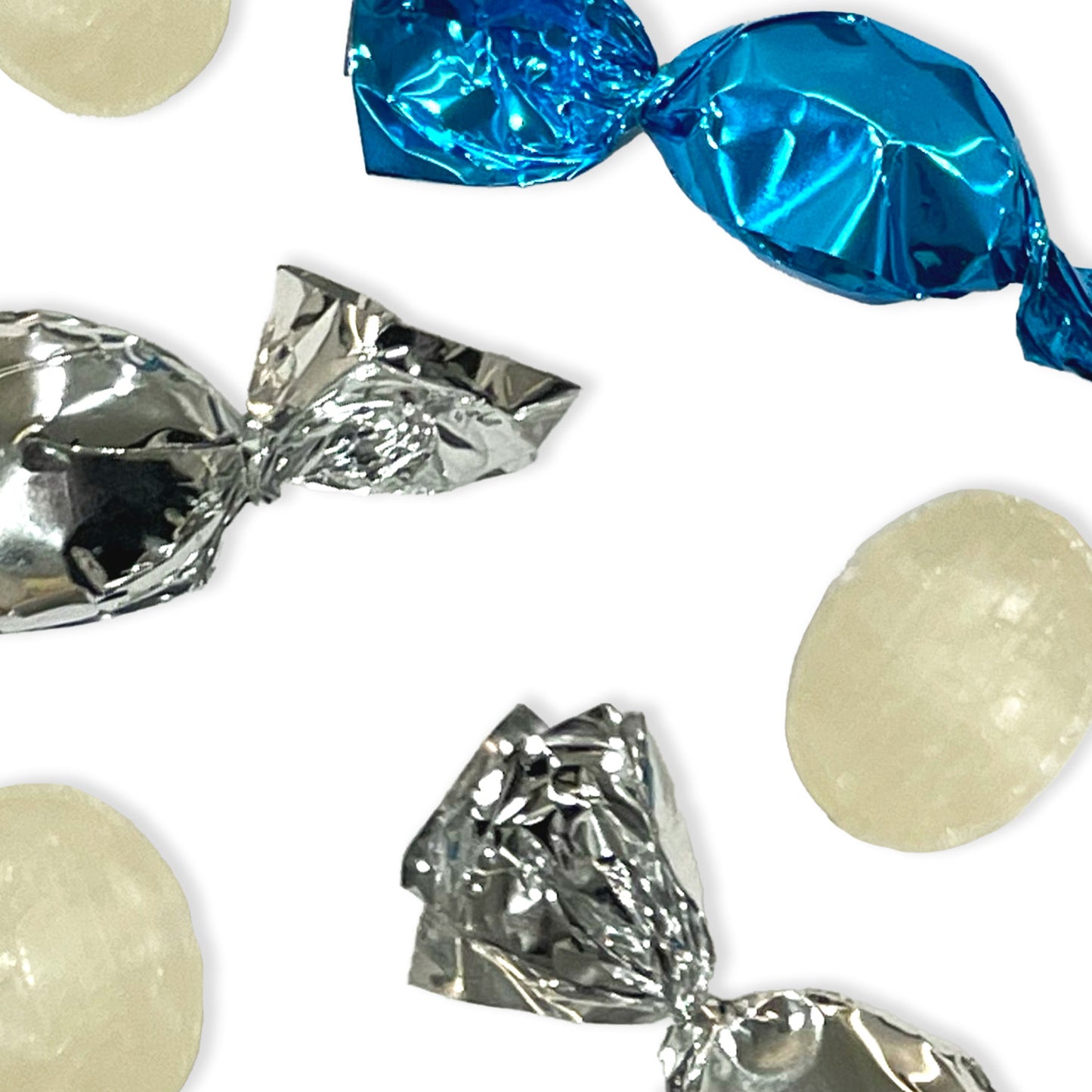 small, hard-boiled sweets, individually wrapped for freshness and convenience. These delightful peppermint-flavoured treats come in a vibrant mix of silver and blue wrappers