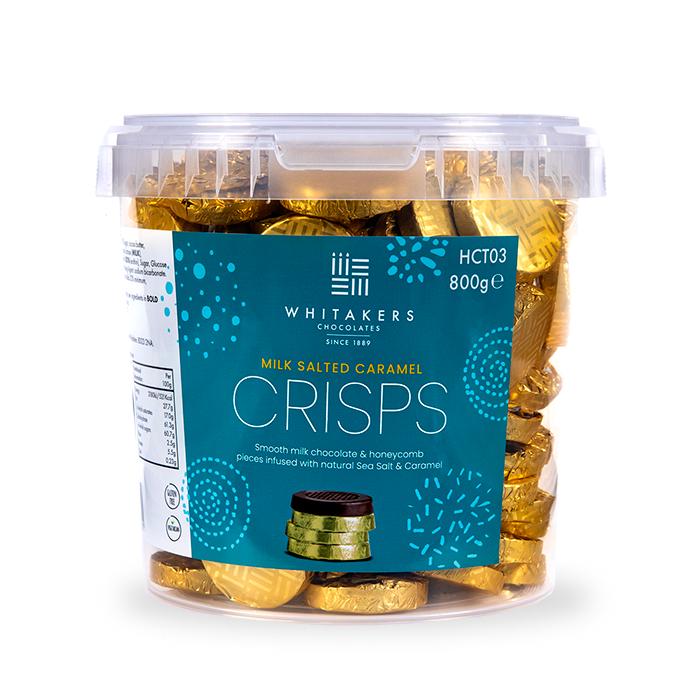 Gold foiled milk salted caramel and honeycomb crisps packed in 800g clear tubs