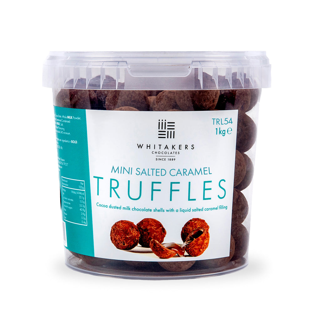 mini salted caramel truffles packed in resealable 1kg tubs