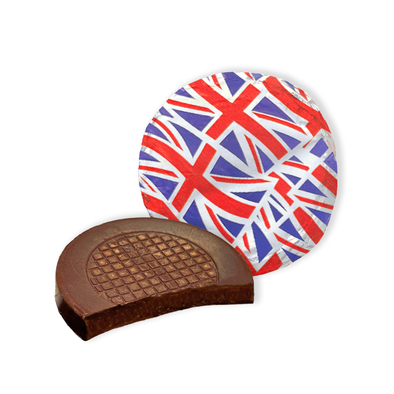 Rich Signature Dark Chocolate Crisps, masterfully blended with invigorating peppermint oil and the delightful crunch of sugar crystal pieces. Each of the approximately 155 individually wrapped chocolates is encased in distinctive Union Jack foil, reflecting a proud heritage and a commitment to quality