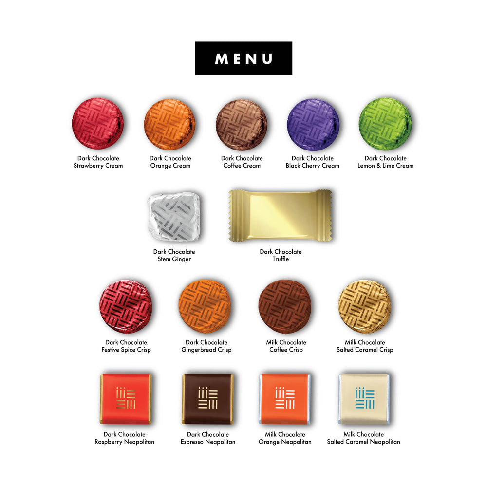 Menu card showing contents of the vegan chocolate selection tin. 