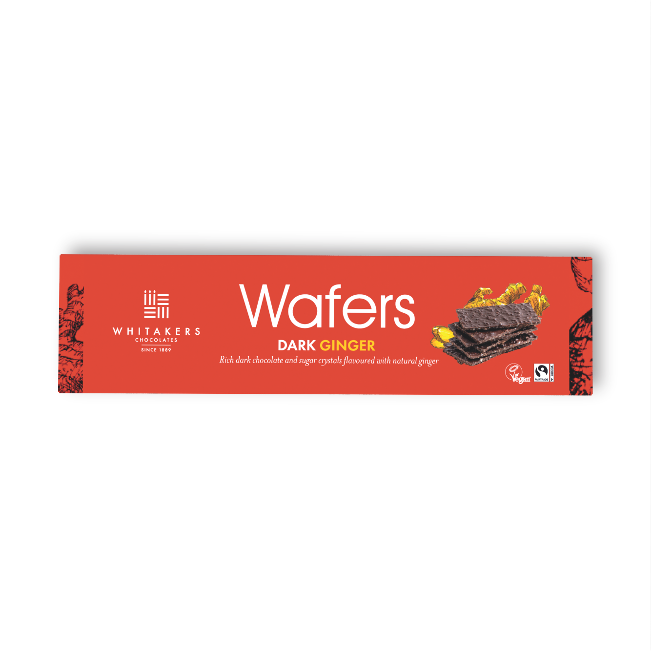 Ginger Oil Sugar Crisp Wafer Thins, an exquisite blend of our rich signature dark chocolate with the aromatic zest of ginger oil, complemented by the unique crunch of sugar crisp inclusions. All encased in a resealable gift box