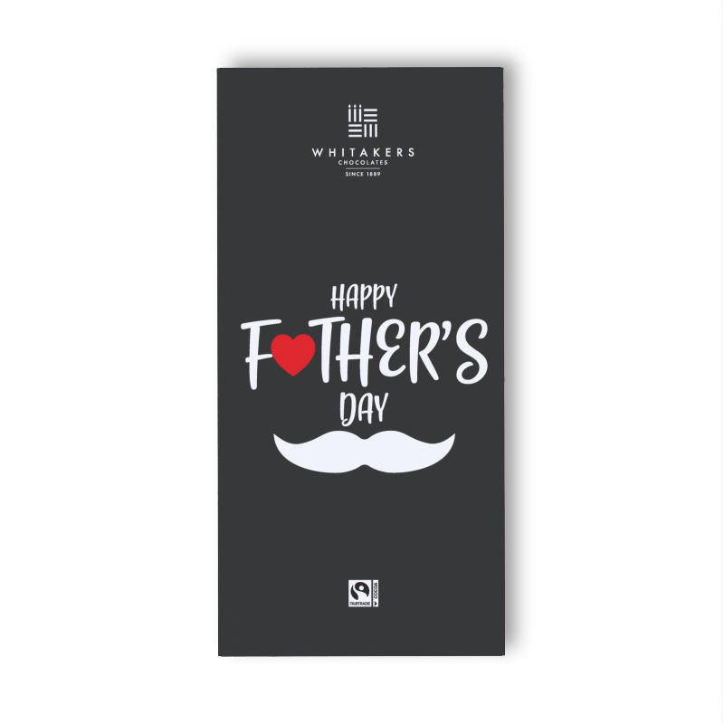 our 'Father's Day' Milk Chocolate Bar, a perfect 90g treat that combines indulgence with a touch of whimsy. Wrapped in an attractively designed wrapper, this bar stands out with its masculine pattern, featuring a fun moustache design, perfectly capturing the spirit of Father's Day