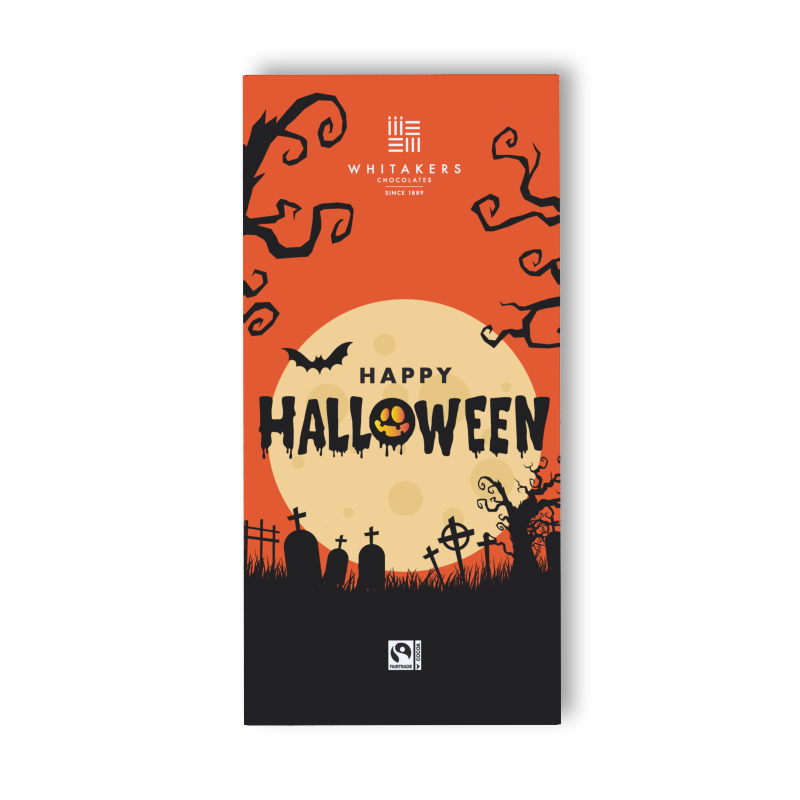 our 'Halloween' Milk Chocolate Bar, a deliciously eerie 90g treat encased in a spine-tingling wrapper. Designed to thrill and chill, the wrapper features an array of spooky themes, from grinning jack-o'-lanterns and ghostly figures to eerie bats and haunted houses, all set against a mysterious, moonlit backdrop