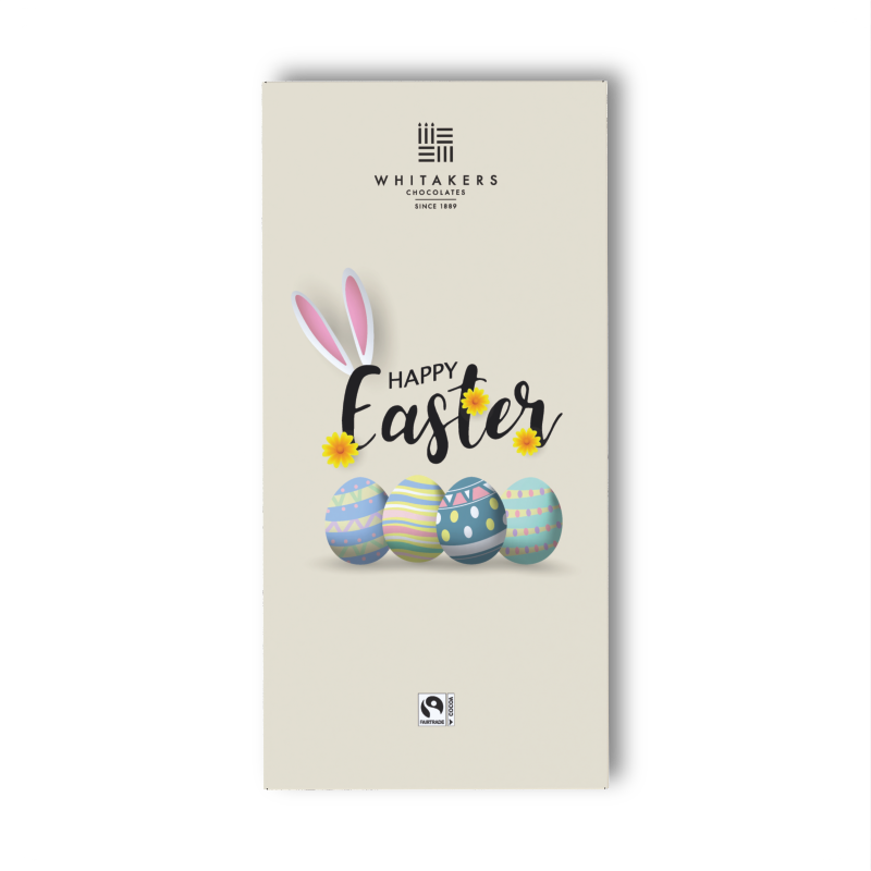 our 'Happy Easter' Milk Chocolate Bar. This delightful 90g treat is wrapped in an attractively designed wrapper that captures the joy and freshness of spring. Adorned with vibrant Easter motifs, such as cheerful bunnies, colourful eggs, and blooming flowers