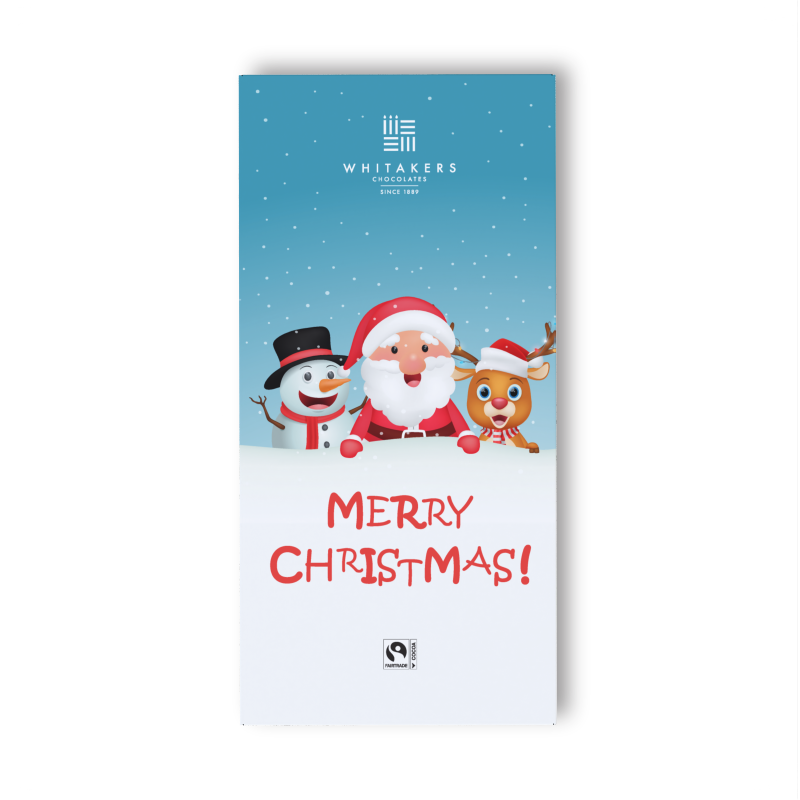 our 'Festive Fun' Milk Chocolate Bar, a charming 90g delight encased in a wrapper that brings the joy of Christmas to life. The design features the beloved festive figures: a jolly Santa Claus, his loyal reindeer, and a friendly snowman