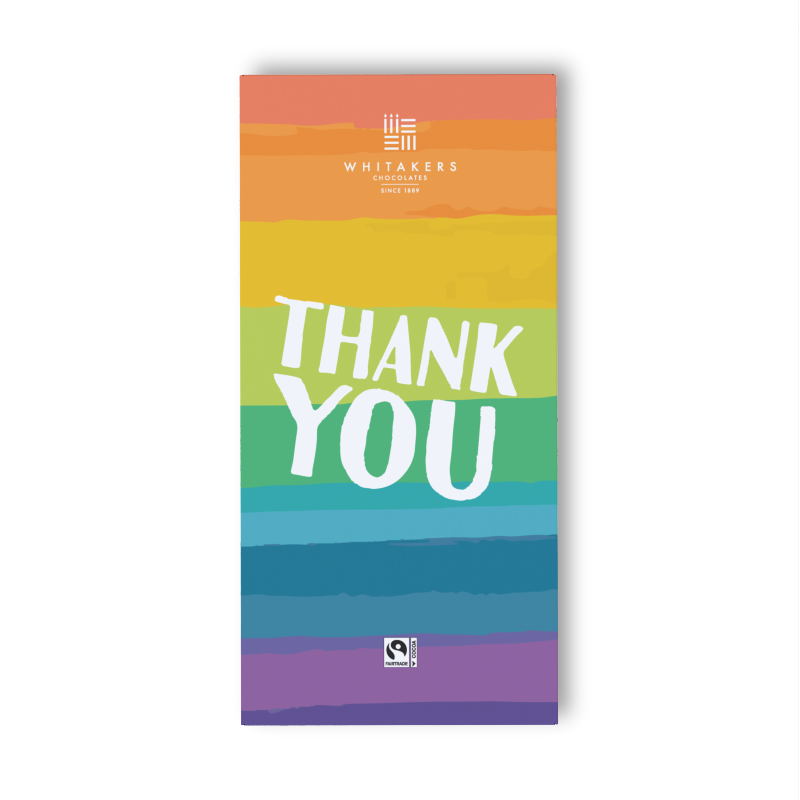 our 'Thank You' Milk Chocolate Bar. Wrapped in an eye-catching package featuring a vibrant rainbow design, this 90g bar is a cheerful and tasteful way to express thanks. The rich, velvety milk chocolate inside is as delightful as the wrapper is cheerful