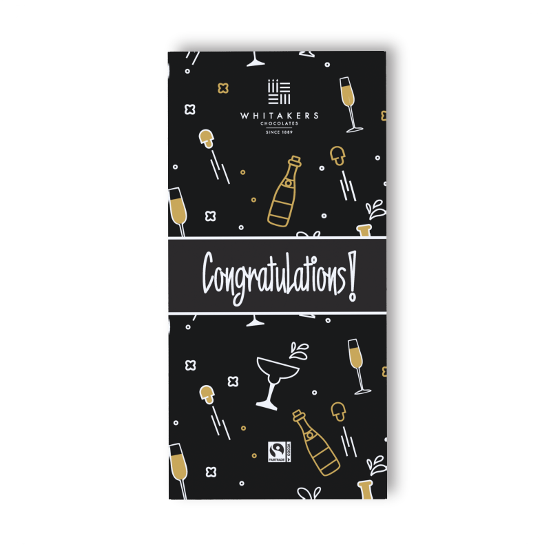 our 'Congratulations' Milk Chocolate Bar. This delightful 90g bar is encased in an attractively designed wrapper, bursting with vibrant colours and celebratory motifs that capture the joy of accomplishment