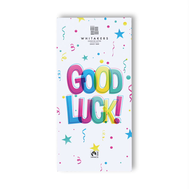  our 'Good Luck' Milk Chocolate Bar. This delightful 90g treat is encased in an attractively designed wrapper, radiating positive vibes and well wishes. The wrapper, adorned with symbols of luck and success