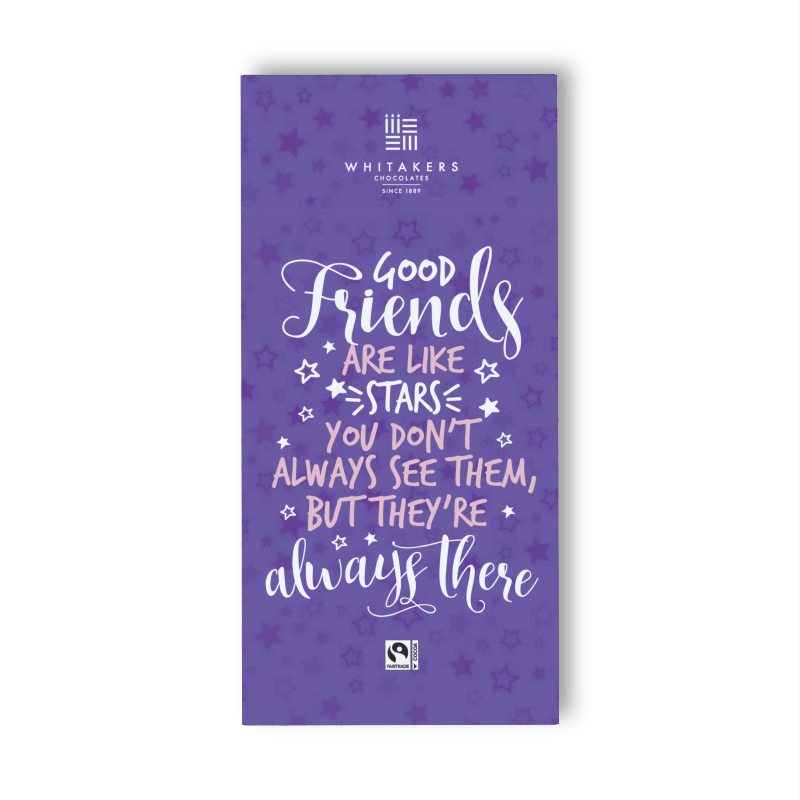 our 'Great Friends' Milk Chocolate Bar. This special 90g treat comes wrapped in an attractive wrapper, adorned with a heartfelt 'Great Friends' message and sparkling star designs, making it the perfect gift to show your appreciation and affection
