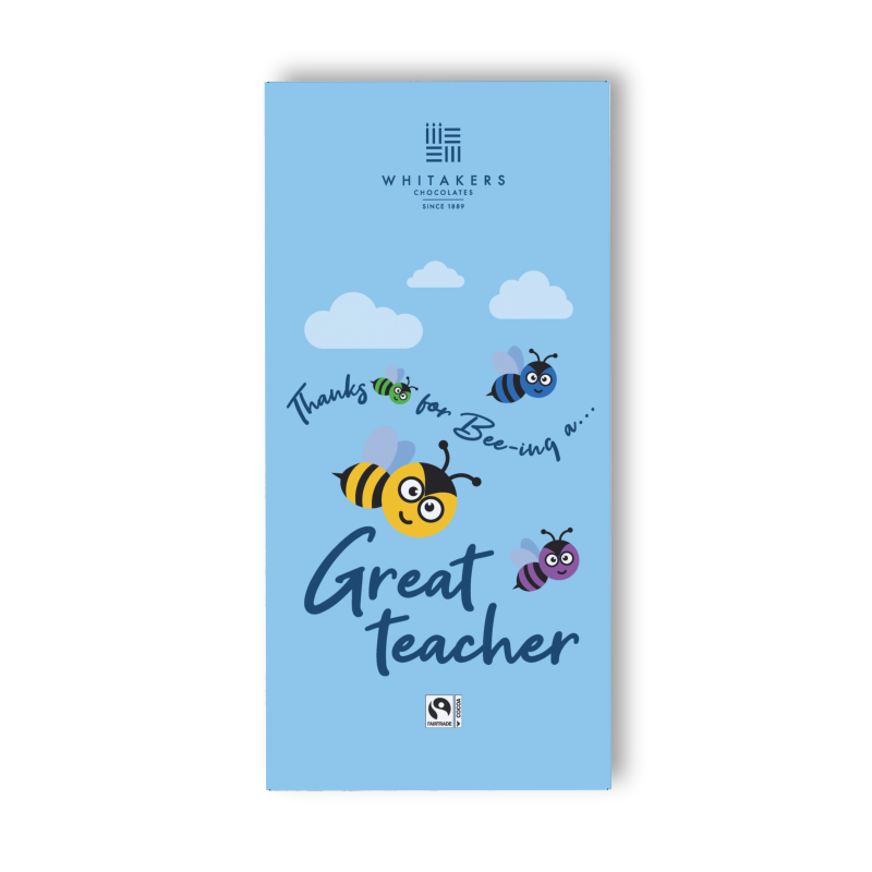 our 'Great Teacher' Milk Chocolate Bar. This special 90g treat comes beautifully wrapped in an attractively designed wrapper that pays tribute to the dedication and impact of teachers. Adorned with symbols of education and appreciation, the wrapper conveys your gratitude