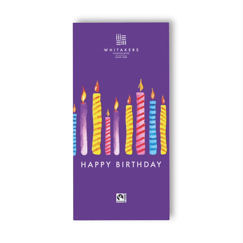 our 'Happy Birthdays' Milk Chocolate Bar, beautifully wrapped in a unique candle-designed wrapper. This festive 90g bar is the perfect way to make birthday wishes come true, featuring a vibrant and attractive wrapper adorned with colourful, illustrative candles
