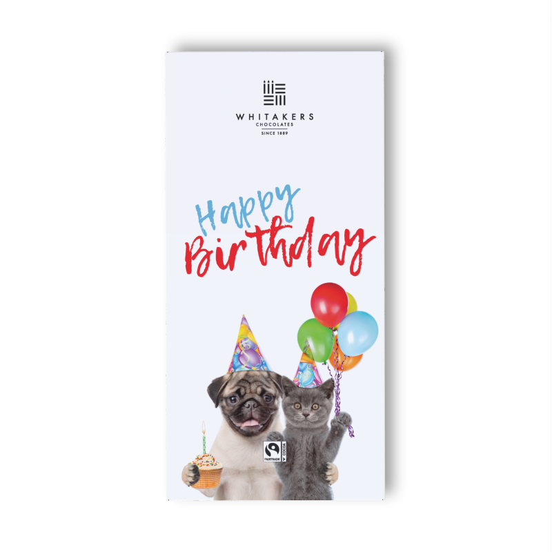 our 'Happy Birthdays' Milk Chocolate Bar, the perfect treat for any animal lover. This adorable 90g bar is wrapped in a charming and attractive wrapper, featuring cute animal designs that are sure to bring a smile to the birthday person's face