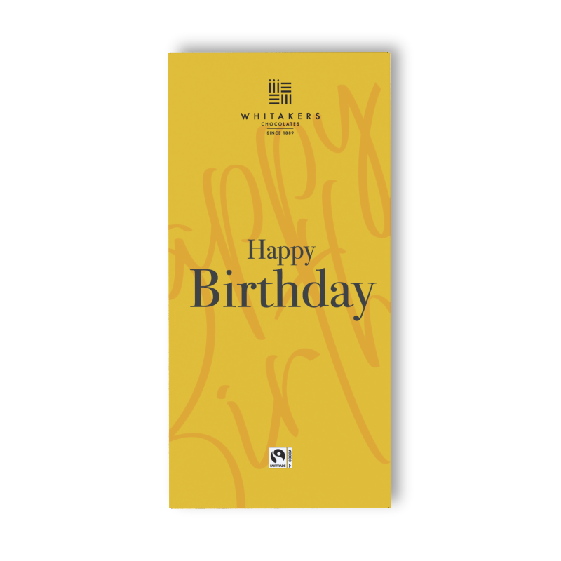 our 'Happy Birthdays' Milk Chocolate Bar, encased in a radiant yellow wrapper. This cheerful 90g bar is sure to catch the eye and warm the heart, with its vibrant and sunny packaging symbolising joy and happiness