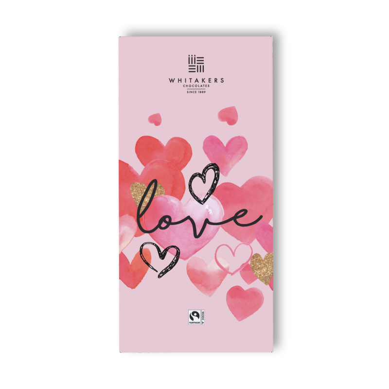 'Love Heart' Milk Chocolate Bar, beautifully encased in an attractively designed wrapper. This romantic 90g bar features a heartwarming design, adorned with elegant and stylish love hearts, making it the perfect gift for someone special