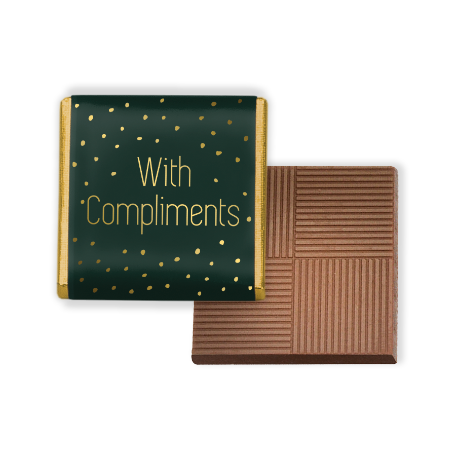 Milk Mint Chocolate Neapolitans. Each chocolate is encased in Luxury foil and paper, presenting an eye-catching green wrapper adorned with 'with compliments' in sophisticated gold print